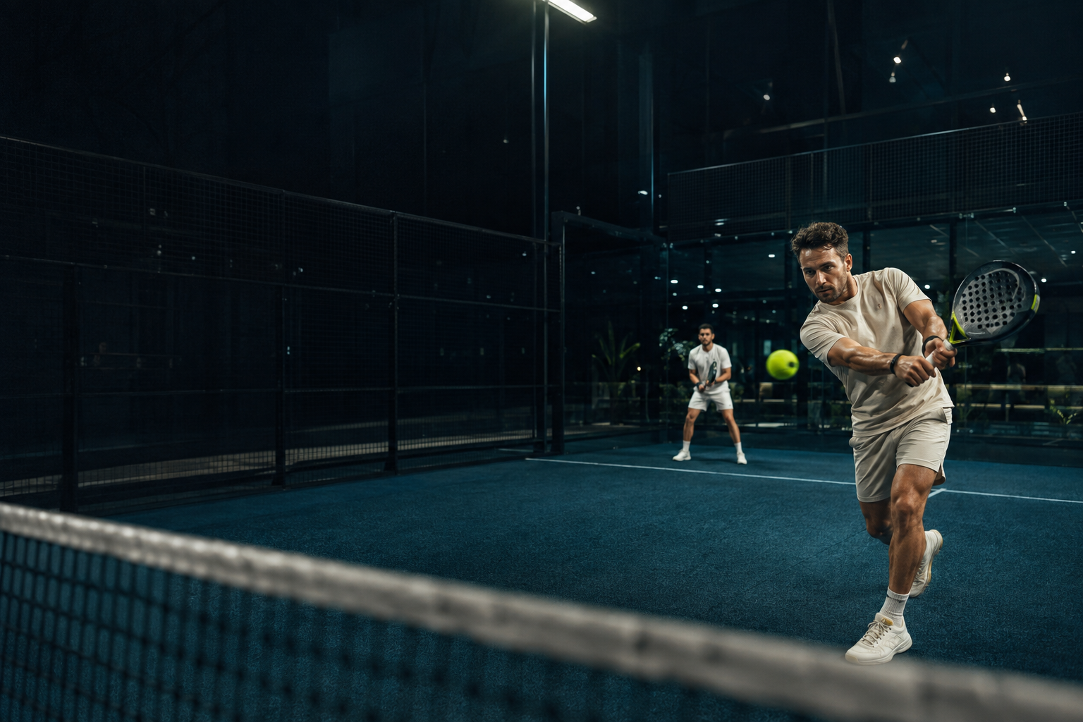 Players competing on an atmospheric indoor padel court